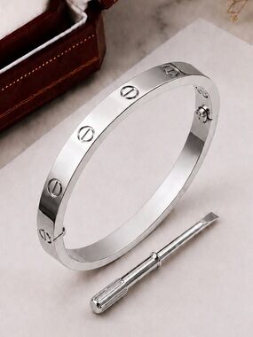 Stamped Platinum Love Bangle Bracelet No Stones Waterproof Tarnish Resistant